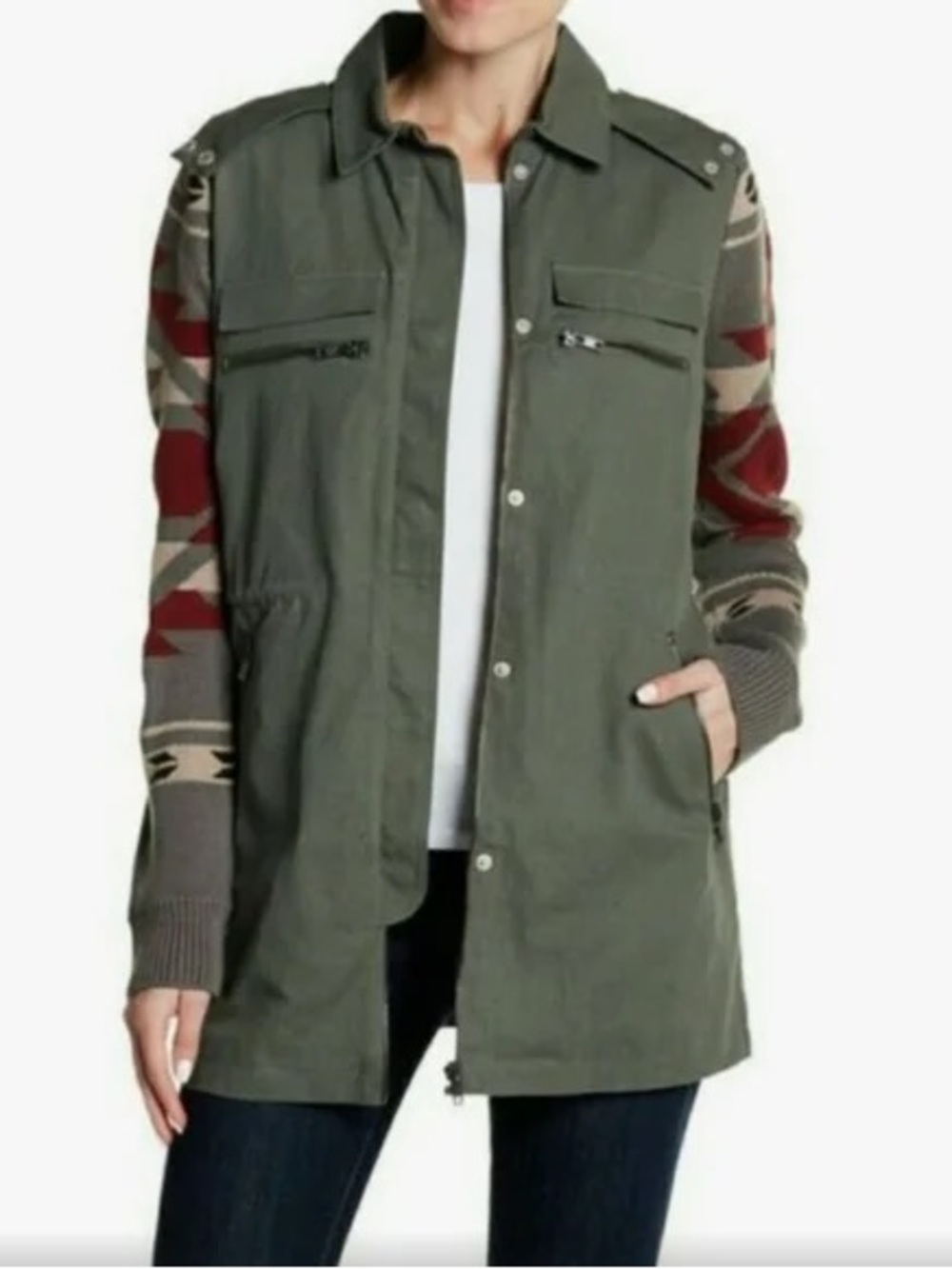Olive + Oak Utility Jacket with Patterned Sweater Knit Sleeves Sz S